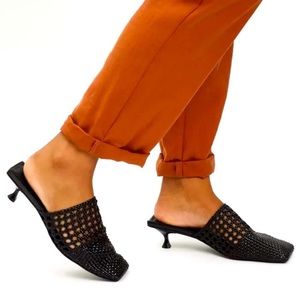 Jeffrey Campbell sleek square toe kitten heel mules